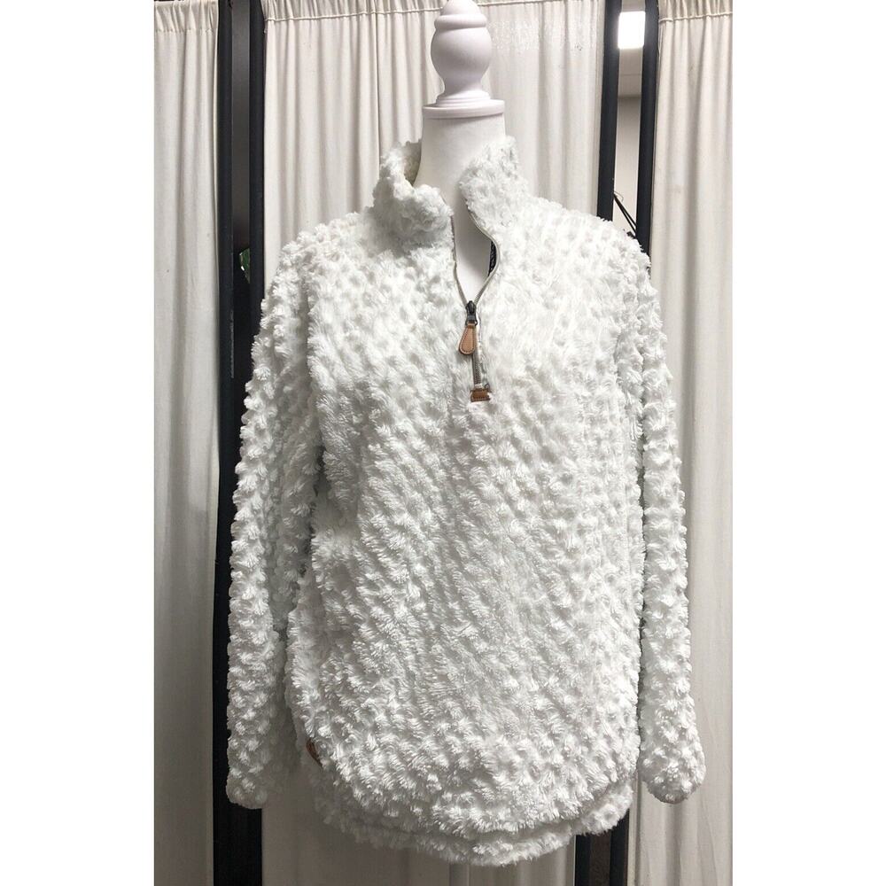 Simply Southern Womens S White Zip Neck Fully Lined So Soft Fur 2 Pocket Top